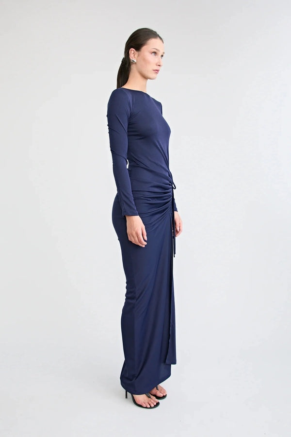 Suri Gown Navy by Pfeiffer, reversible jersey maxi dress with low back and adjustable gathered split