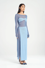 Hendrix Maxi Dress Ocean by Benni – A trendy sheer mesh maxi with contrasting bust and adjustable wrap skirt, perfect for bold after-dark events.