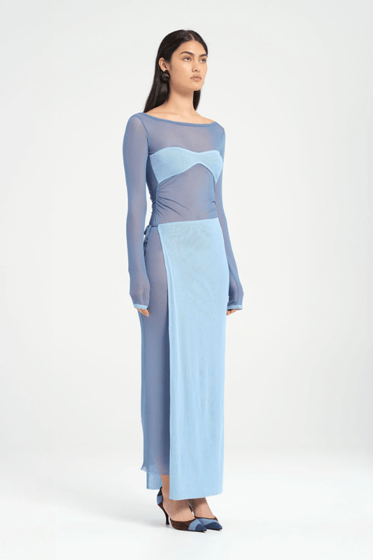 Hendrix Maxi Dress Ocean by Benni – A trendy sheer mesh maxi with contrasting bust and adjustable wrap skirt, perfect for bold after-dark events.