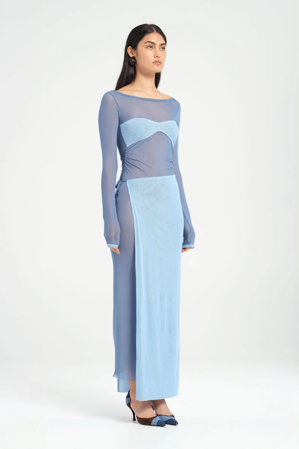 Hendrix Maxi Dress Ocean by Benni – A trendy sheer mesh maxi with contrasting bust and adjustable wrap skirt, perfect for bold after-dark events.