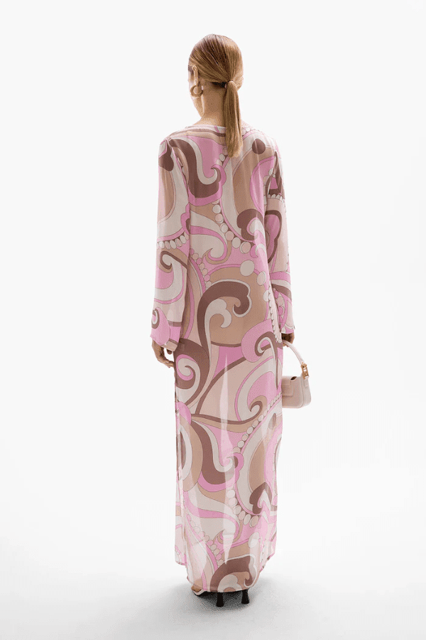 Hotline Orchid Maxi Dress Antibes by Cin Cin – A viral, flowy maxi with dreamy pastel swirls, keyhole neckline, and side split, ideal for resort lounging and summer nights.