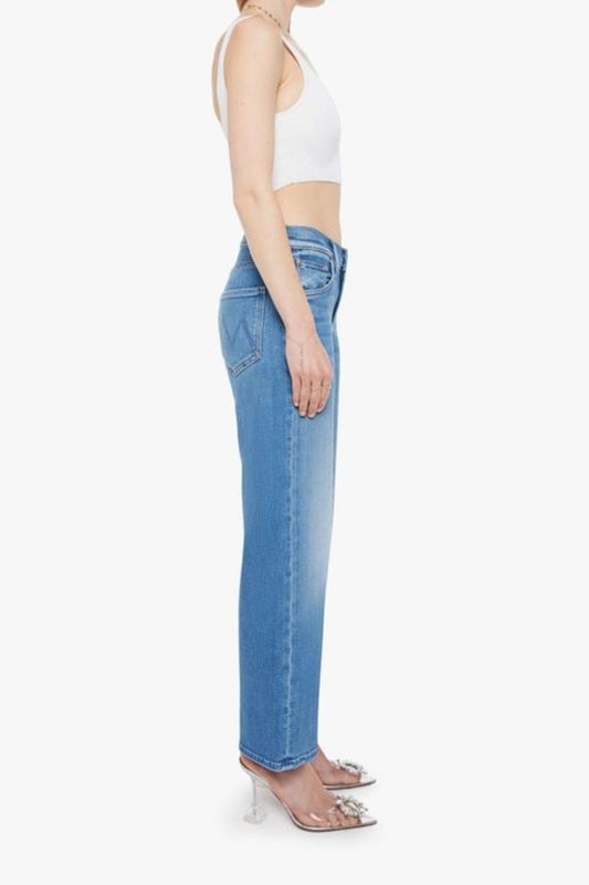 Mid Rise Rambler Zip Ankle in Out Of The Blue by MOTHER, mid-rise jeans with wide straight leg, ankle-length fit, and soft faded blue wash.