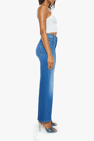 The Rambler Zip Flood Nip In The Bud by MOTHER, trendy high-rise jeans with a wide straight leg and cropped, clean hem. Perfect for a laid-back, polished look in mid-blue with subtle fading and whiskering.