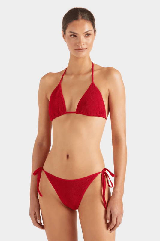 Gina Bikini Red by Hunza G – Signature triangle bikini with light support and side ties, crafted in sculpting one-size crinkle fabric