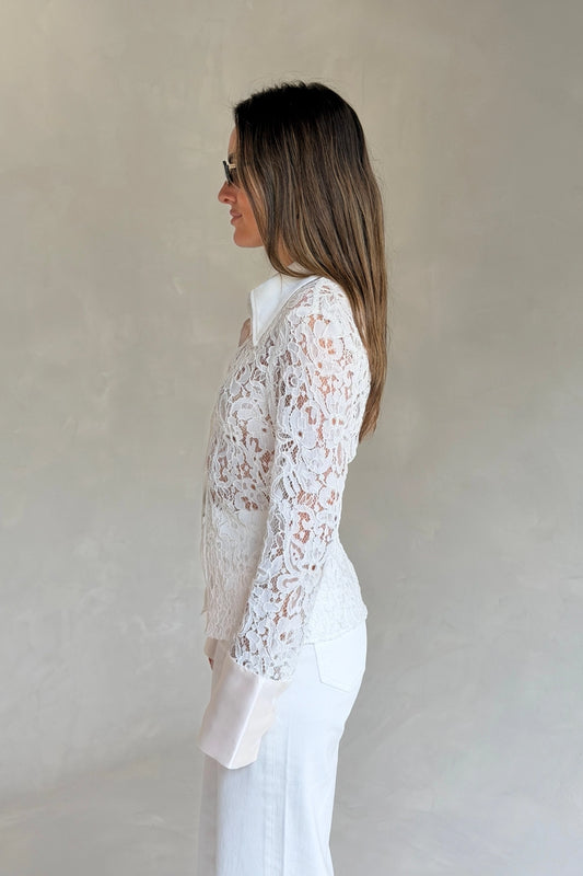 Emilie Lace Long Sleeve Shirt White by Sneaky Link, floral lace shirt with contrast collar, cuffs and sheer sleeves.