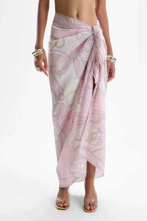 Long Scarf Deco Pink by Cin Cin, printed satin scarf with butterfly motifs, perfect as a sarong or resort accessory