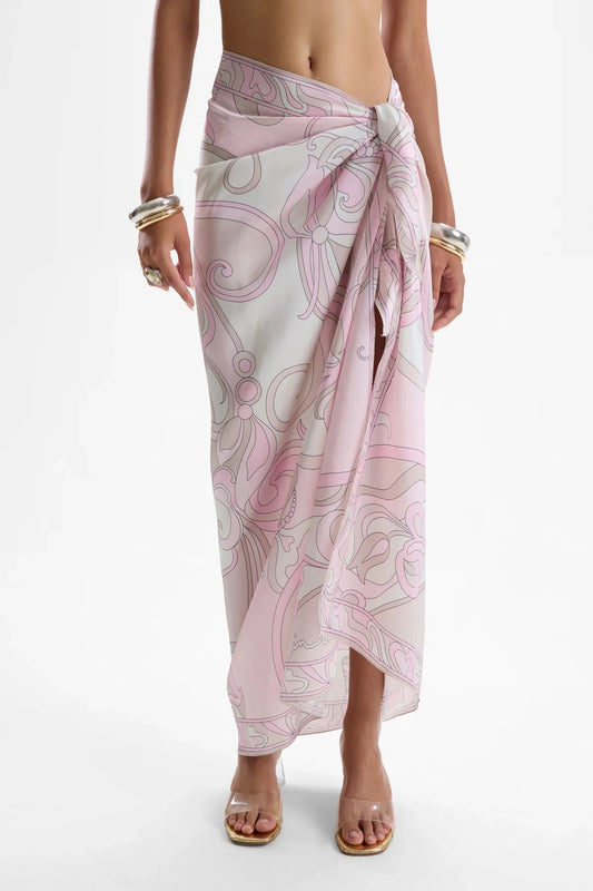 Long Scarf Deco Pink by Cin Cin, printed satin scarf with butterfly motifs, perfect as a sarong or resort accessory
