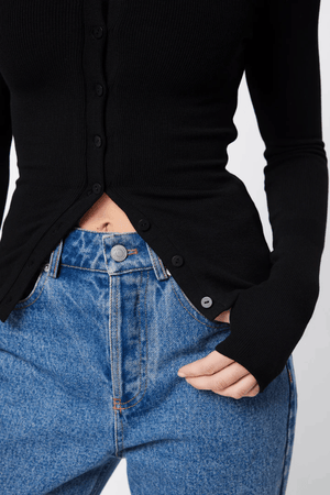 Lyon Cardigan Black by Mossman, soft double-layer ribbed jersey with round neckline and thumb holes, perfect for trendy viral layering and cozy day-to-night style.