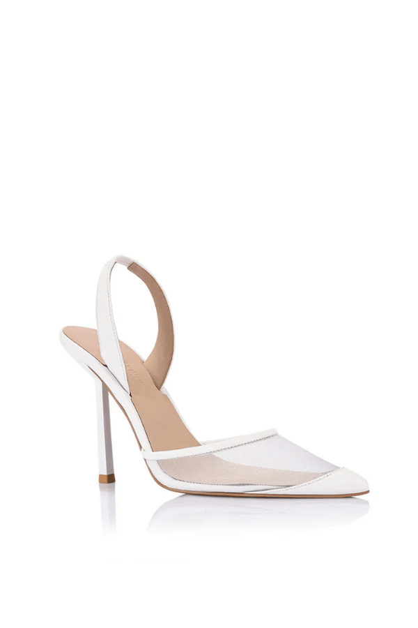 Harley Heel White Mesh by Lana Wilkinson – Sleek pointed-toe pump with breathable mesh, leather details, slingback strap, and 10.5cm stiletto heel. Perfect for special occasions.
