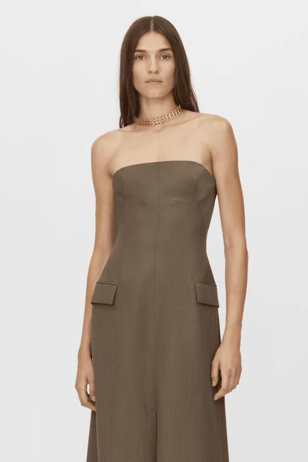 Emmett Dress Coffee by Camilla and Marc – A tailored maxi with structured internal bodice, elegant centre front split, and refined details, perfect for sophisticated occasions.