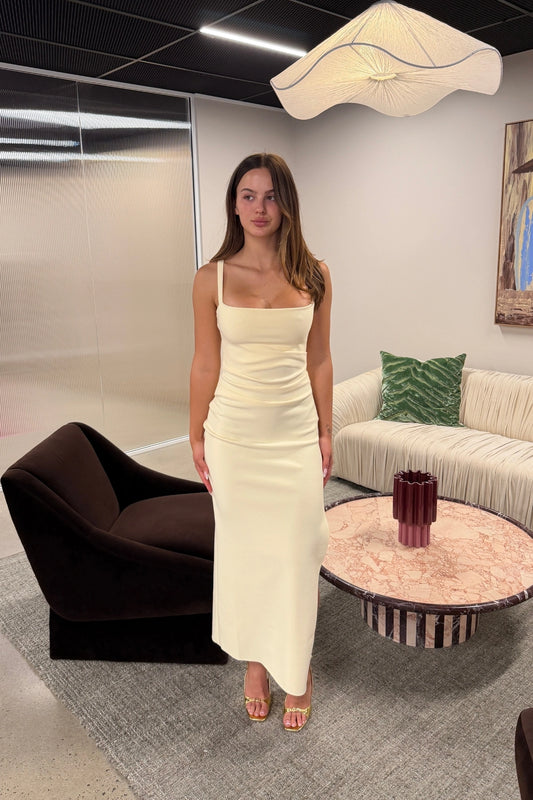Leora Tuck Maxi Dress Lemon Sorbet by Bec + Bridge, fitted crepe maxi dress, perfect for formal occasions