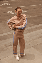 Maya Knit Pant Nougat by Araminta James, soft cotton knit pants with contrast trims and split hems, perfect for chic, comfortable leisurewear looks.