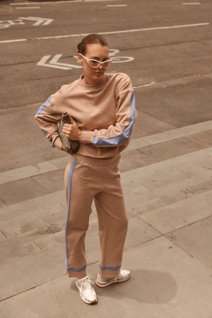 Maya Knit Pant Nougat by Araminta James, soft cotton knit pants with contrast trims and split hems, perfect for chic, comfortable leisurewear looks.