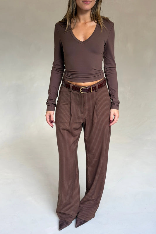 Aria V Neck Long Sleeve Chocolate by Sneaky Link, slimming stretch long sleeve top for elevated everyday wear