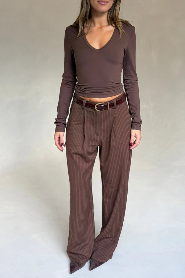 Aria V Neck Long Sleeve Chocolate by Sneaky Link, slimming stretch long sleeve top for elevated everyday wear