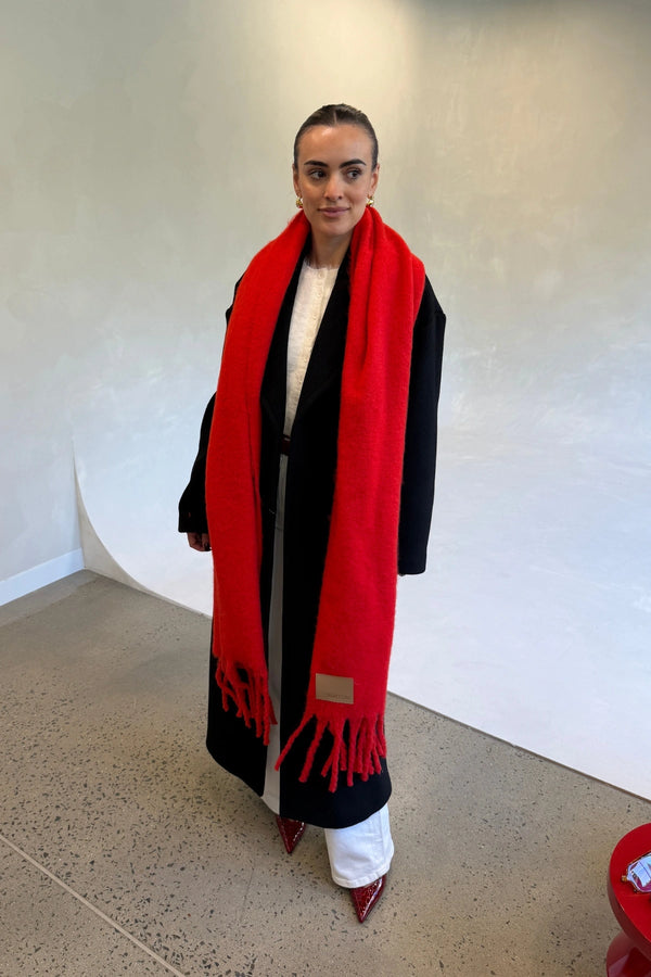 Freya Knitted Scarf Red by Sneaky Link, ultra soft red knit scarf, perfect for cozy winter layering