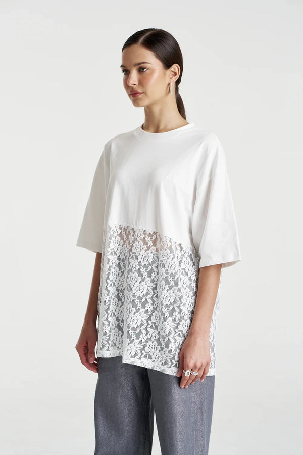 Lace Panel Tee Lily White by Summi Summi, cotton tee with lace detail, perfect for casual daytime styling