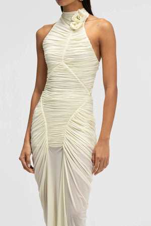Opal Dress Basalto by Maygel Coronel, ruched halter maxi dress with sculptural open back detailing