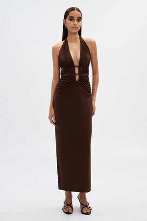 The Celine Mesh Dress Espresso by Misha – A chic midi dress with a mesh bodice, gunmetal clasp details, and figure-hugging silhouette, perfect for day-to-night events.