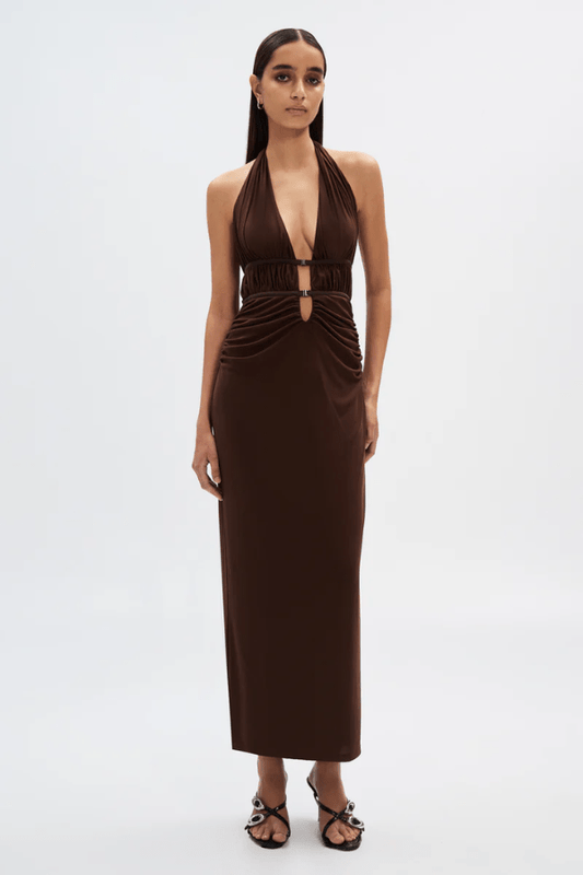 The Celine Mesh Dress Espresso by Misha – A chic midi dress with a mesh bodice, gunmetal clasp details, and figure-hugging silhouette, perfect for day-to-night events.