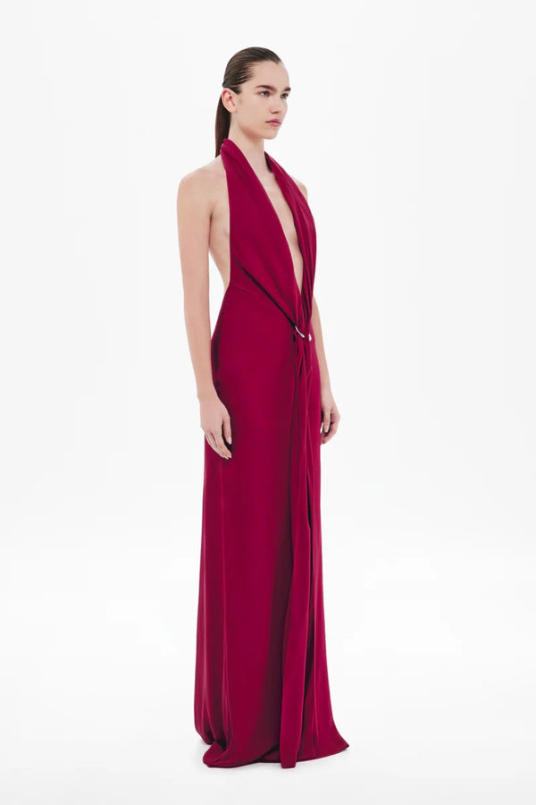 Donna Satin Dress in Jester Red by Misha, a plunging open-back gown with metallic ring detail and fluid draping for sultry sophistication.