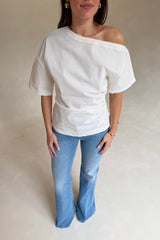 Suki Top White by Bayse – off shoulder draped top with ruched sides and fitted waist silhouette.