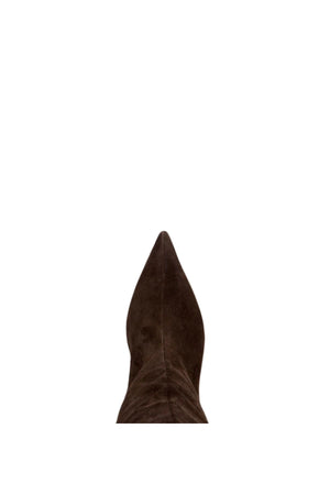Nadia Choc Suede by Alias Mae, knee-high suede boot with pointed toe and curved heel, perfect for elevated day or evening wear