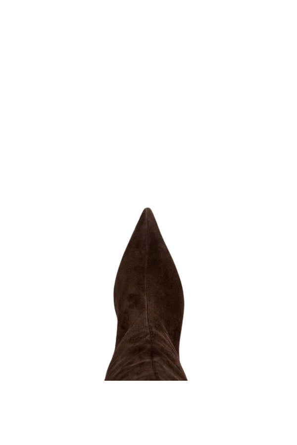 Nadia Choc Suede by Alias Mae, knee-high suede boot with pointed toe and curved heel, perfect for elevated day or evening wear