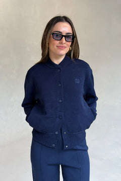 Amedeo Knit Jacket Dark Navy by camilla and marc – bomber style knit jacket with embroidered monogram and concealed buttons.