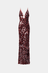Sapphire Sequin Dress Fig by Misha — A shimmering maxi with plunging V-neck, slim fit, voluminous hem, and low-back design. Perfect for standout evenings.