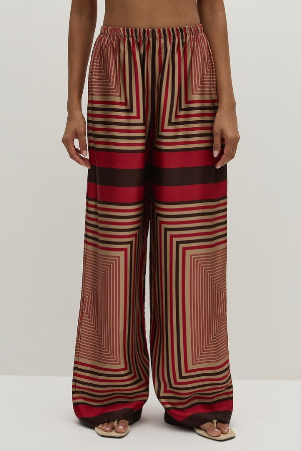 Faithfull the Brand Ylva Pant in Ylva Print, mid-rise straight leg with elastic waist in red-brown stripe. Perfect for chic co-ord styling.