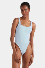 Square Neck Swim Metallic Ice Blue by Hunza G, crinkle one piece swimsuit, perfect for beach or poolside styling