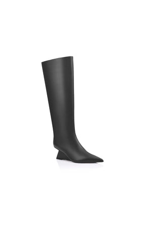 Ben Boot Black Leather by Lana Wilkinson, sleek knee-high leather boot with wedge heel, perfect for elevated everyday or evening wear