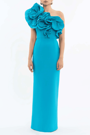 Ella Gown Blue by Rebecca Vallance – Crepe one-shoulder gown with applique neckline, cinched waist, back split, side zip.
