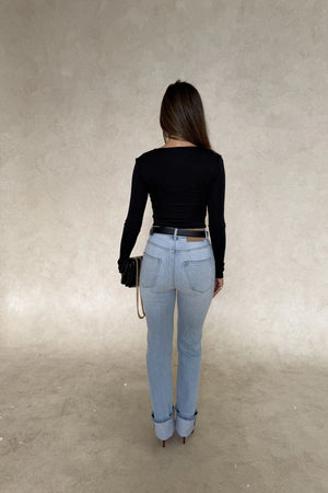 Haley Long Sleeve Top Black by Sneaky Link. Soft modal blend with long sleeves, low neckline, and structured front. Perfect for night outs.