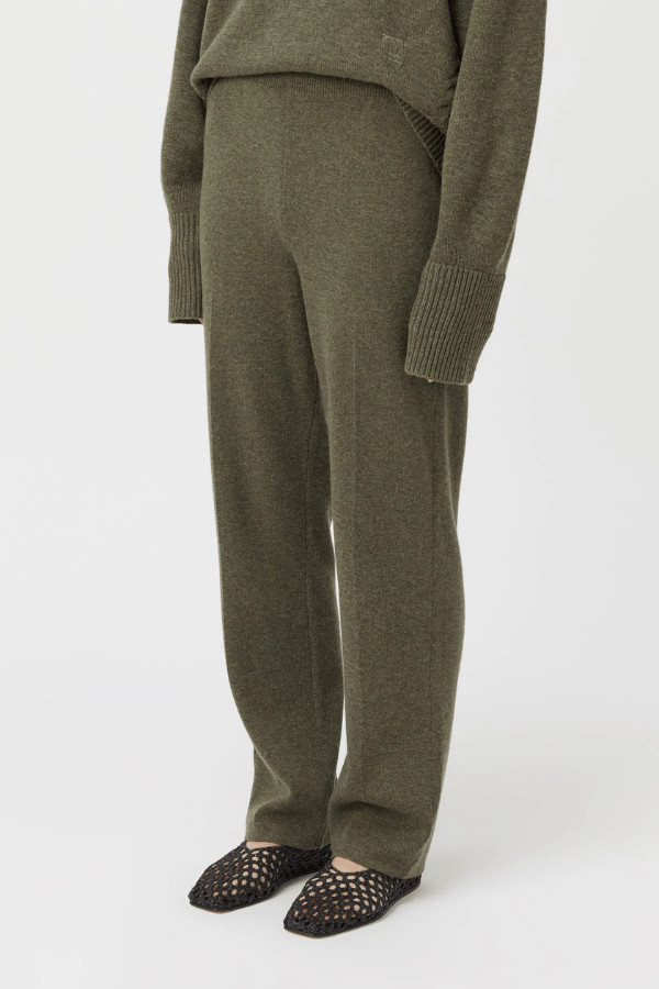 Pascal Cashmere Blend Pant Army Green by Camilla and Marc, luxe high-waisted knit with front creases and side splits, perfect for chic lounging or travel days.