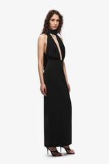 The Capezza Silk Dress by MISHA, a halter midi dress with plunge neckline, silk wrap, and open back. Perfect for elevated evenings.