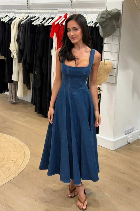 Cotton Mix Denim Square Neck Midi Dress Light Blue