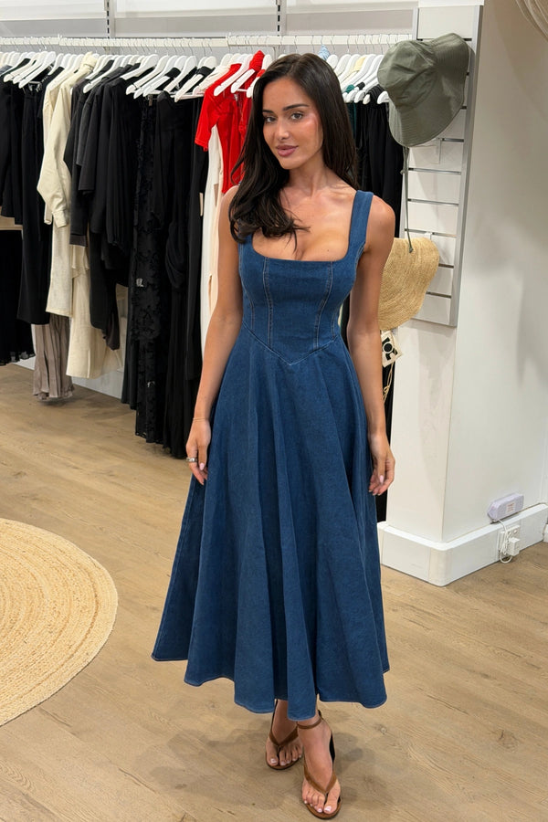 Cotton Mix Denim Square Neck Midi Dress Light Blue