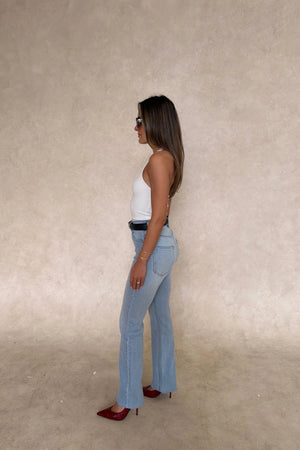 Kendrick Straight Leg Jean Light Blue by Sneaky Link – a viral stretch denim with straight fit. Perfect for everyday styling.