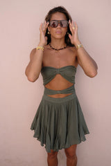 Mia Mini Dress Khaki by D'Artemide – Cotton mini with cutout detailing, cold hand wash, and boho-inspired Greek design.
