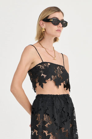 Luna Crop Top by Solaqua Studio, noir cotton lace crop top with scalloped edges and delicate straps. Perfect for elegant evening sets.