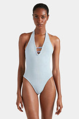 Adriana Beaded Swim Metallic Ice Blue by Hunza G, halter one piece with beads, perfect for beach or poolside styling