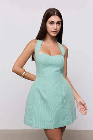 Cotton Pinstripe Mini Dress Green by Odd Muse, halter mini dress with cinched waist and classic pinstripe design