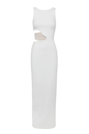 Valentina Dress Ivory by Tojhà – A sophisticated maxi in ultra-soft crepe with boat neckline, curved cut-out, and mesh detail, perfect for elegant evening occasions.