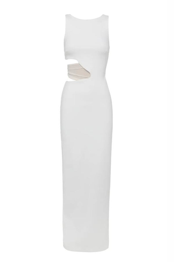 Valentina Dress Ivory by Tojhà – A sophisticated maxi in ultra-soft crepe with boat neckline, curved cut-out, and mesh detail, perfect for elegant evening occasions.