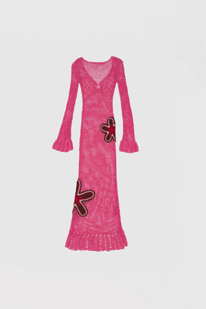 Elke Crochet Maxi Dress Candy by The Wolf Gang, handwoven with floral crochet in a relaxed silhouette. Perfect layered over swimwear this summer.