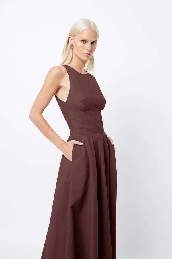 Homage Maxi Dress Chocolate by Mossman – a sleeveless cotton maxi with fitted bodice and flared skirt. Perfect for everyday styling.