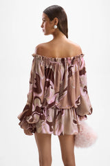 Chloe Mini Dress Deco Mocha by Cin Cin, off shoulder satin mini dress in mocha print, perfect for resort evenings