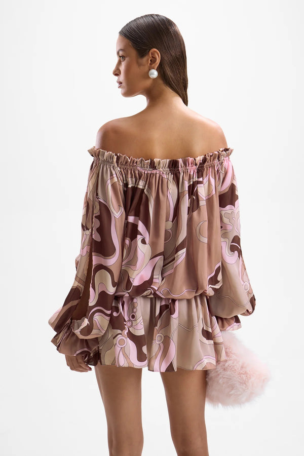 Chloe Mini Dress Deco Mocha by Cin Cin, off shoulder satin mini dress in mocha print, perfect for resort evenings